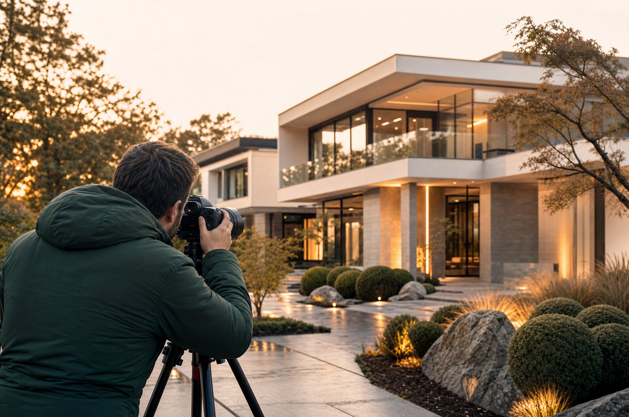 Fotograf mit Stativ fotografiert eine moderne Architekten-Villa