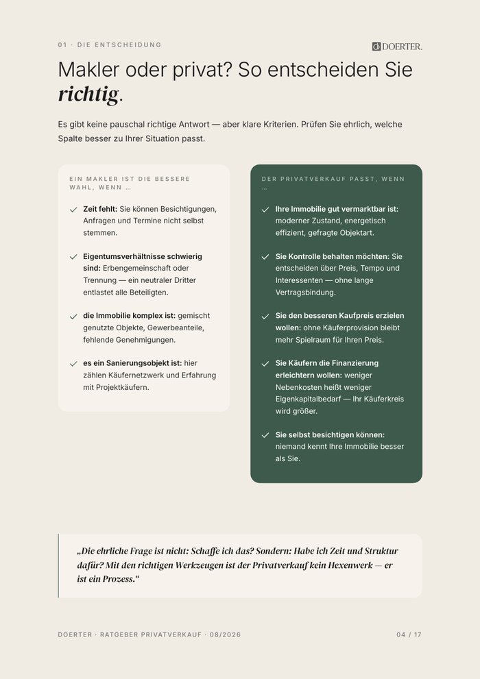 Innenseite des Ratgebers: Vergleich Makler und Privatverkauf