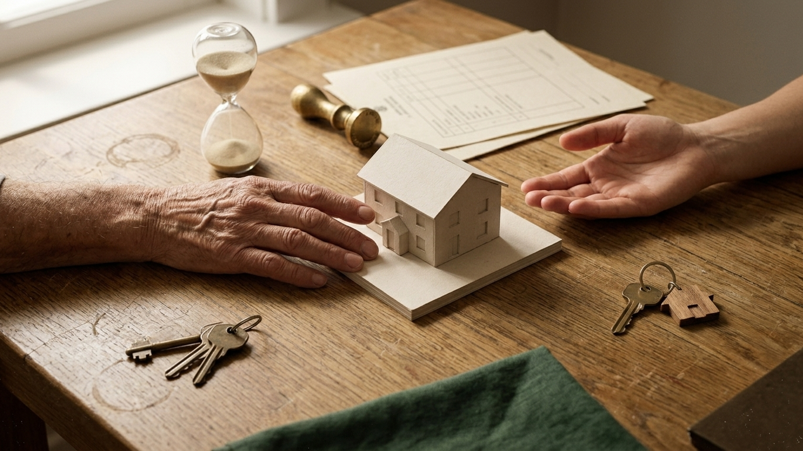 Symbolbild, KI-generiert: Haus überschreiben 2026 — eine ältere Hand schiebt ein Hausmodell über einen Esstisch zu einer jüngeren, offenen Hand, daneben Grundbuchformular, Notarsiegel, Sanduhr und zwei getrennte Schlüsselbunde