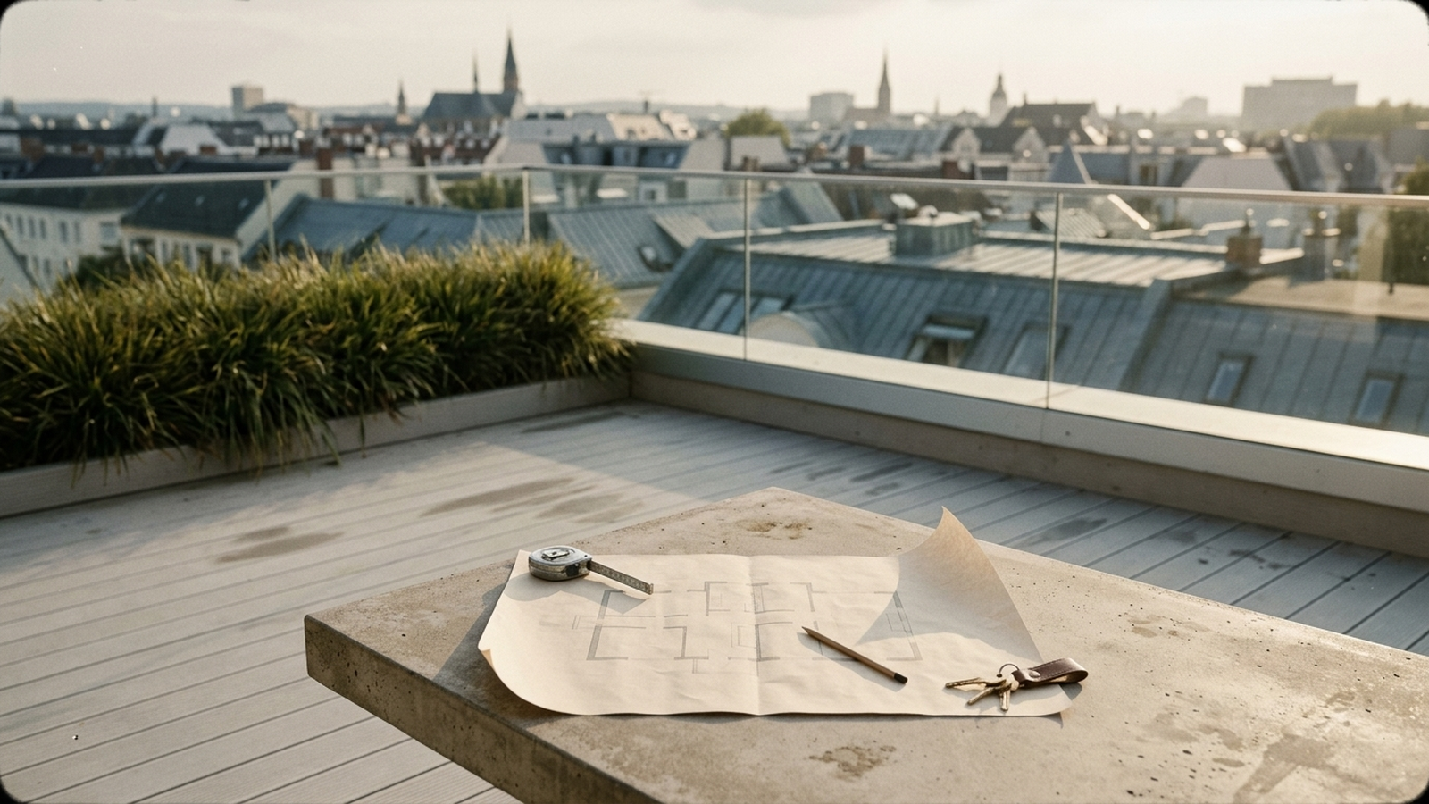 Symbolbild, KI-generiert: Penthouse verkaufen 2026 — auf einem Betontisch auf einer Dachterrasse liegt ein aufgeschlagener Grundrissplan mit Maßband, Bleistift und einem Bund Messingschlüssel, dahinter der Blick über die Dächer der Stadt
