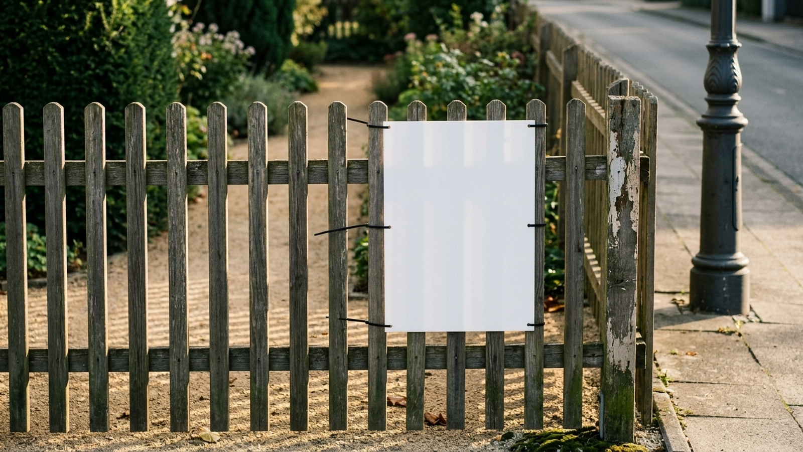 Symbolbild, KI-generiert: Ein schlichtes weißes Verkaufsschild an einem Holzlattenzaun vor einem Vorgarten, daneben eine geöffnete Gartenpforte, spätes Nachmittagslicht
