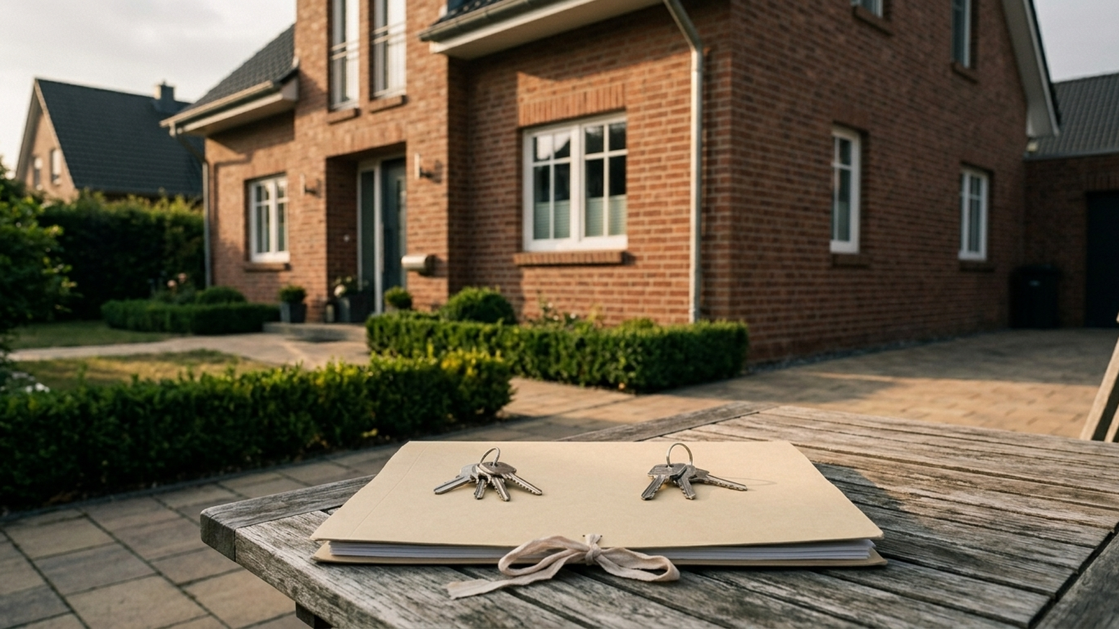 Symbolbild, KI-generiert: Ein Einfamilienhaus im Morgenlicht, davor auf einem Gartentisch eine verschnürte Aktenmappe und zwei getrennt liegende Schlüsselbunde